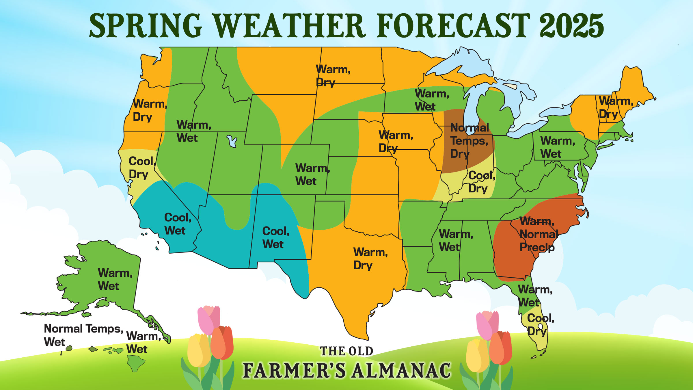 Spring weather forecast map for 2025 from The Old Farmer's Almanac