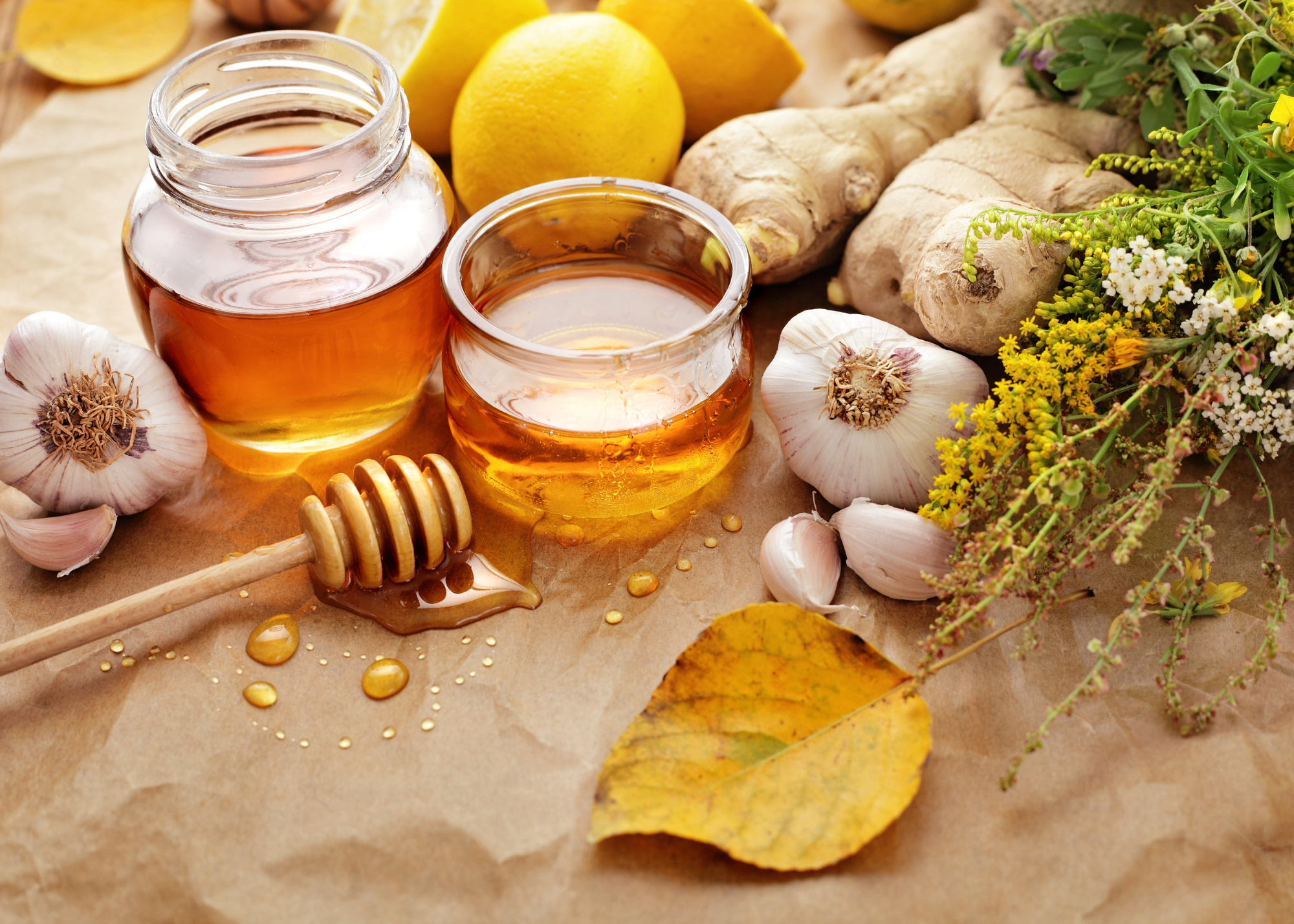 honey, lemons, and garlic, immune boosting foods