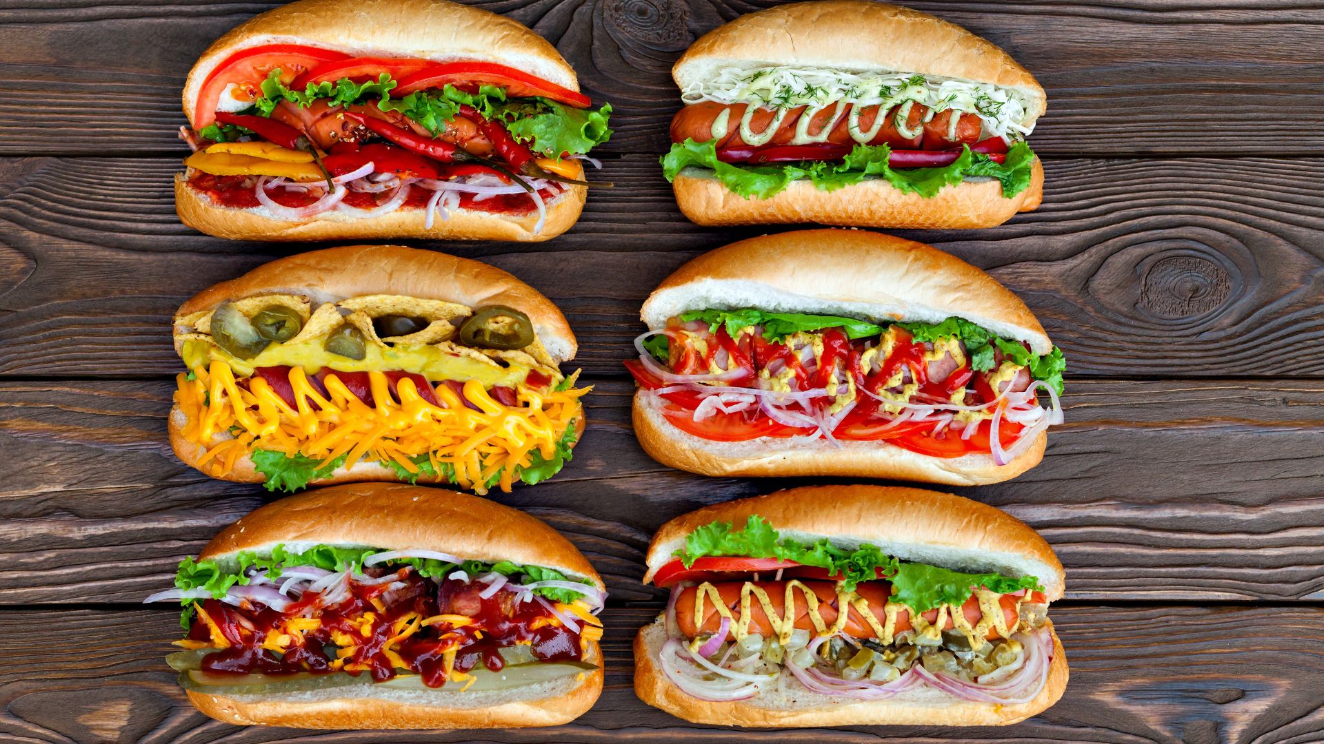 hot dogs with a variety of toppings
