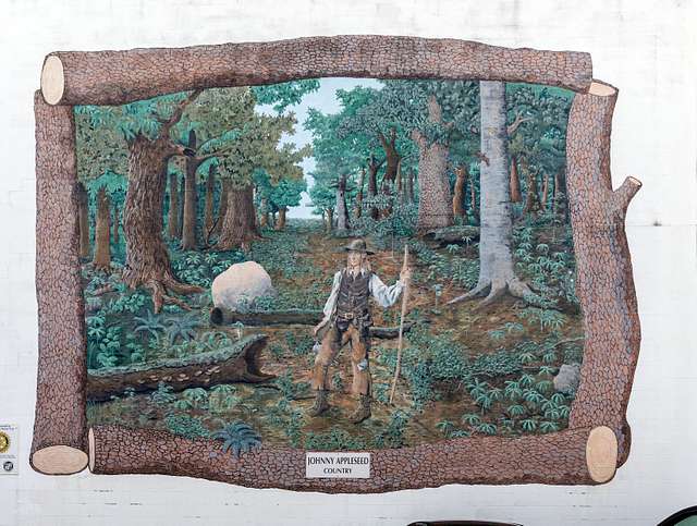 A mural saluting the actual, and folklore figure Johnny Appleseed in downtown Mansfield, Ohio.
