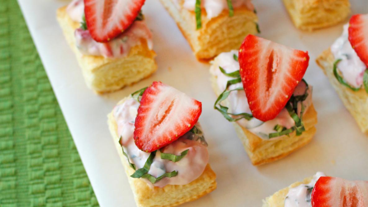 strawberry basil bites on puff pastry