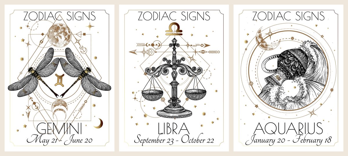 Vector illustration of zodiac signs card. Air signs: Gemini, Libra and Aquarius. Gold on a white background in engraving style