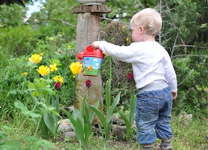 child watering flower