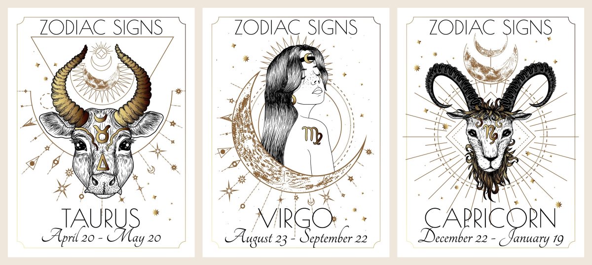 Vector illustration of zodiac signs card. Earth signs: Taurus, Virgo and Capricorn. Gold on a white background in engraving style