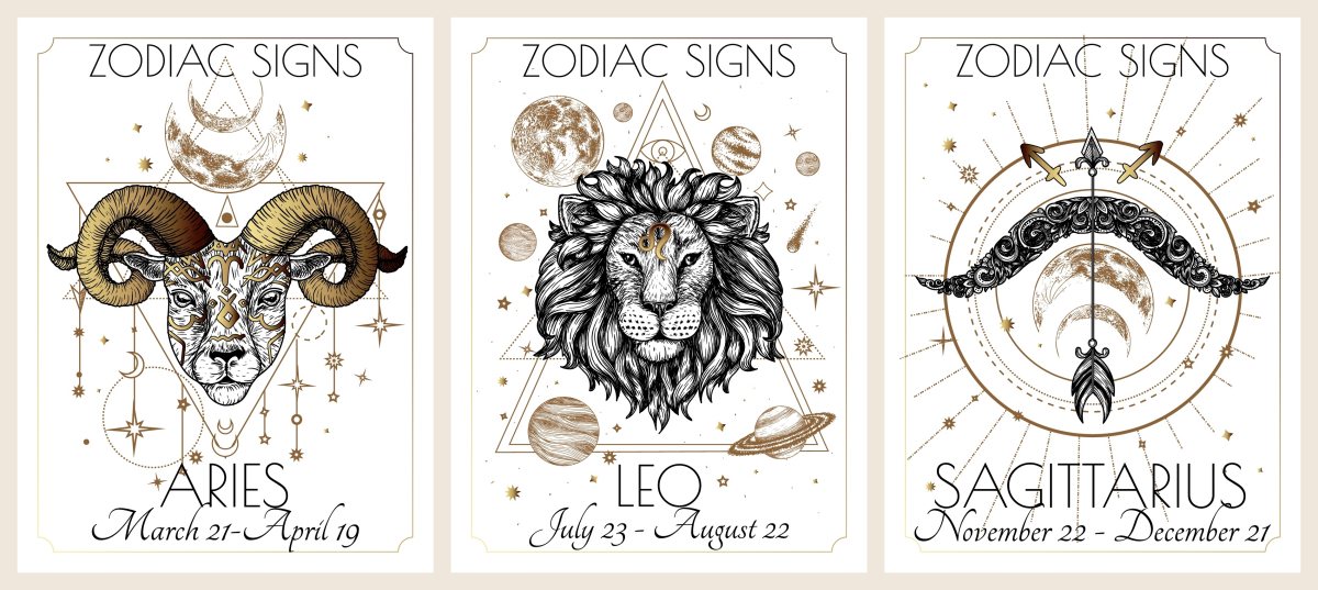 Vector illustration of zodiac signs card. Signs of the element of fire. Aries, Leo, Sagittarius. Gold on a white background in engraving style