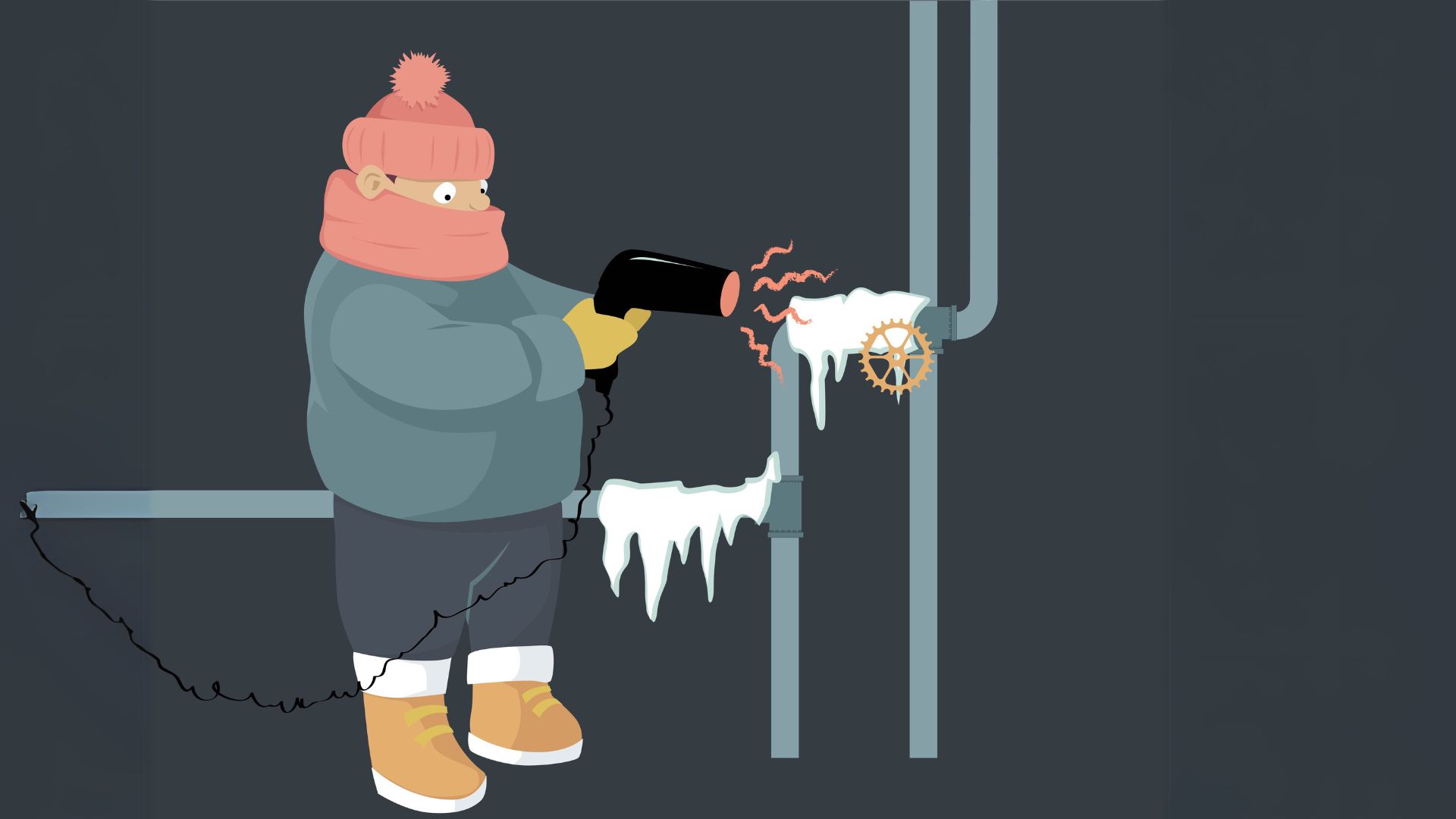 A person attempting to unfreeze frozen water pipes with a hair dryer