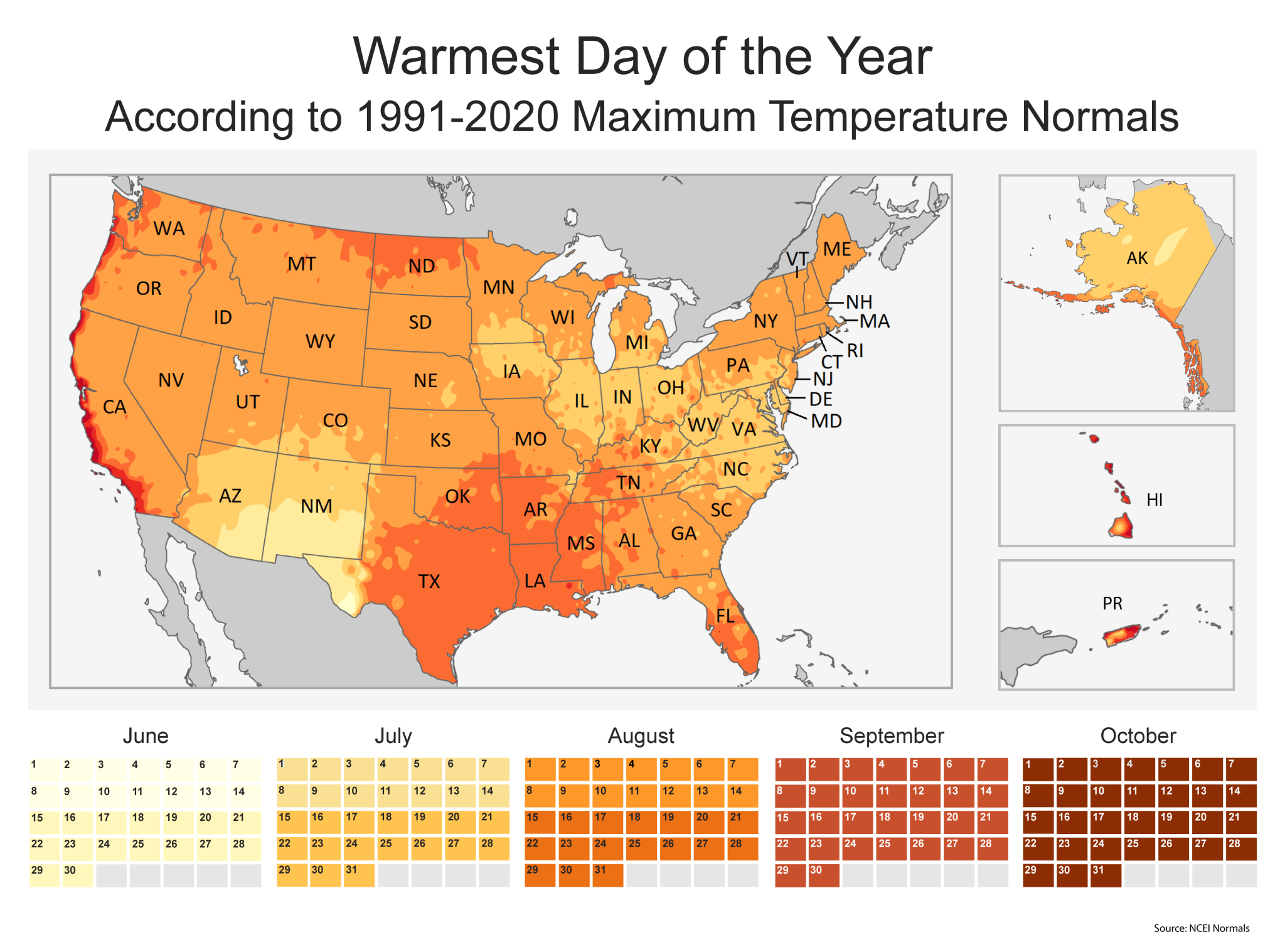 warmest day of the year, noaa maximum temperature normals