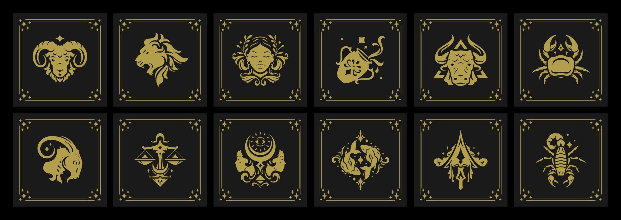 Zodiac symbols vintage golden card with antique ornate frame decorative design set vector illustration. Astrology horoscope mythology celestial esoteric lunar calendar magic fortune silhouette
