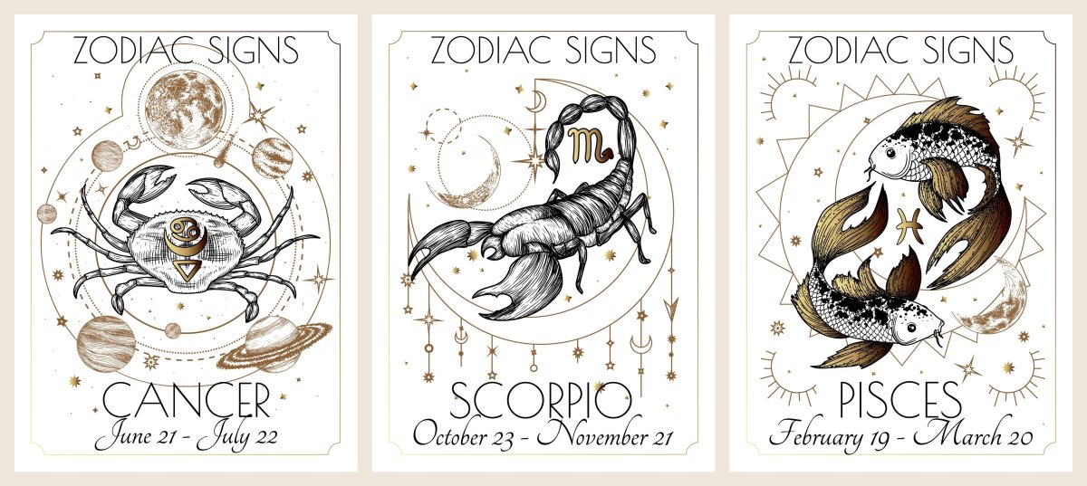 Vector illustration of zodiac signs card. Water signs: Cancer, Scorpio and Pisces. Gold on a white background in engraving style