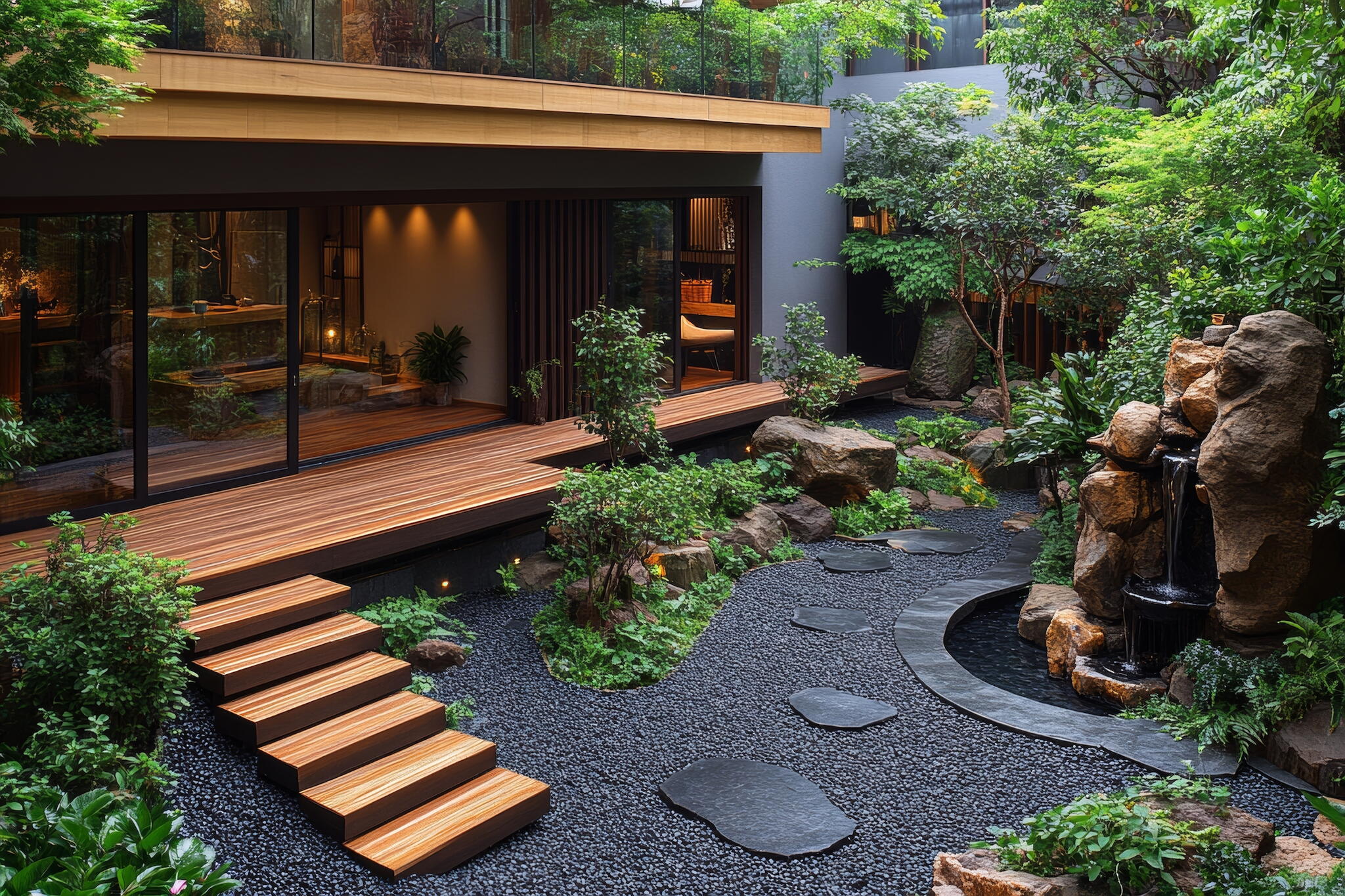 backyard featuring a natural stone path and cascading water feature.